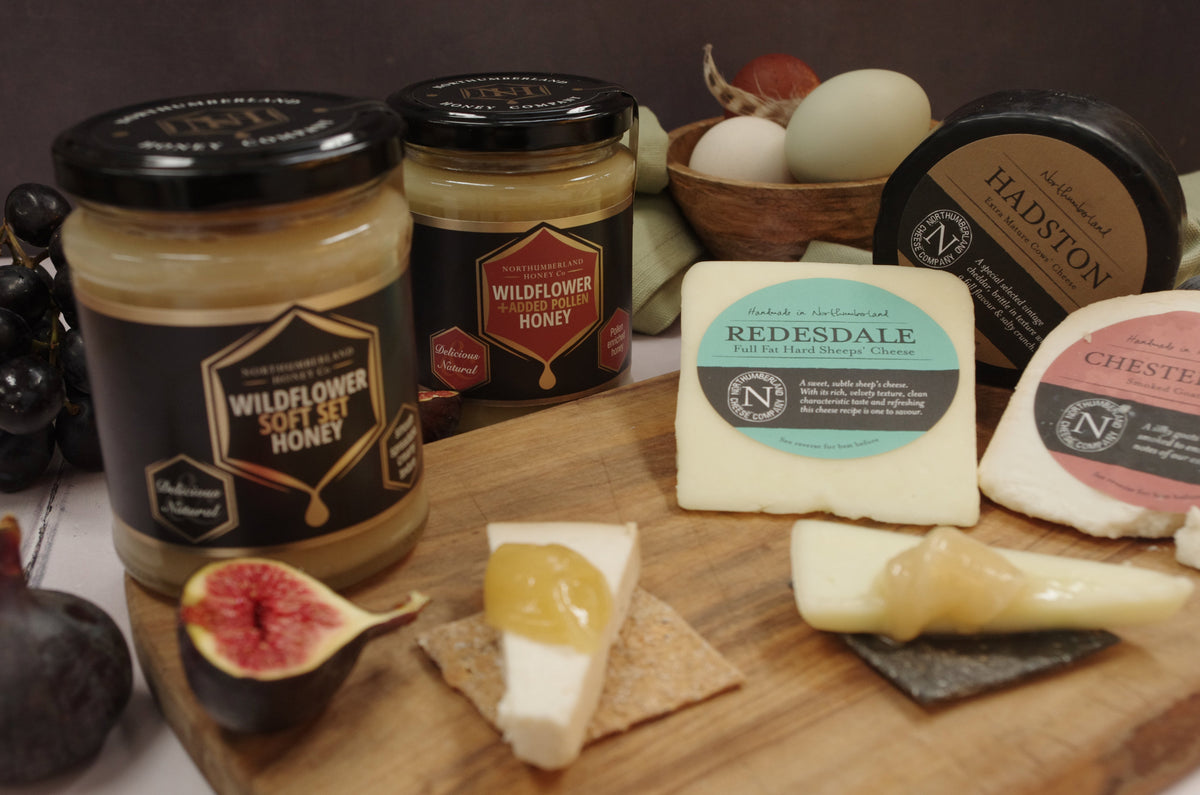 Northumberland Honey Co wildflower honeys with Redesdale, Hadston and Chesterwood cheeses and honey-topped cheese on crackers