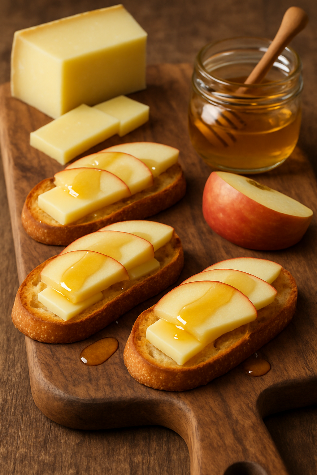 Crostini topped with Comté and apple slices drizzled with honey, beside a block of cheese, a jar of honey and half an apple