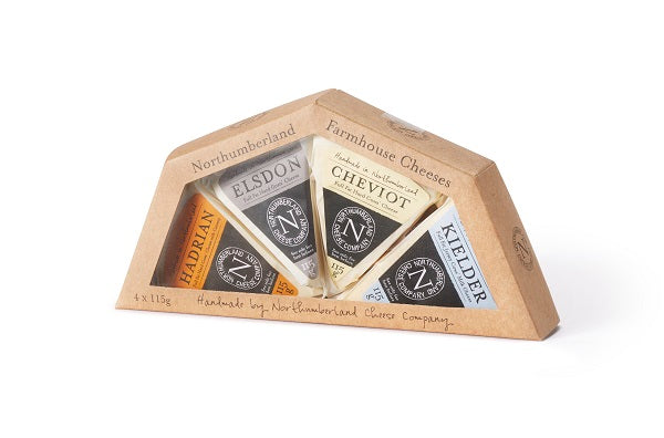 The Great North Gift Box, a triangular Northumberland Farmhouse Cheeses pack of Hadrian, Elsdon, Cheviot and Kielder wedges