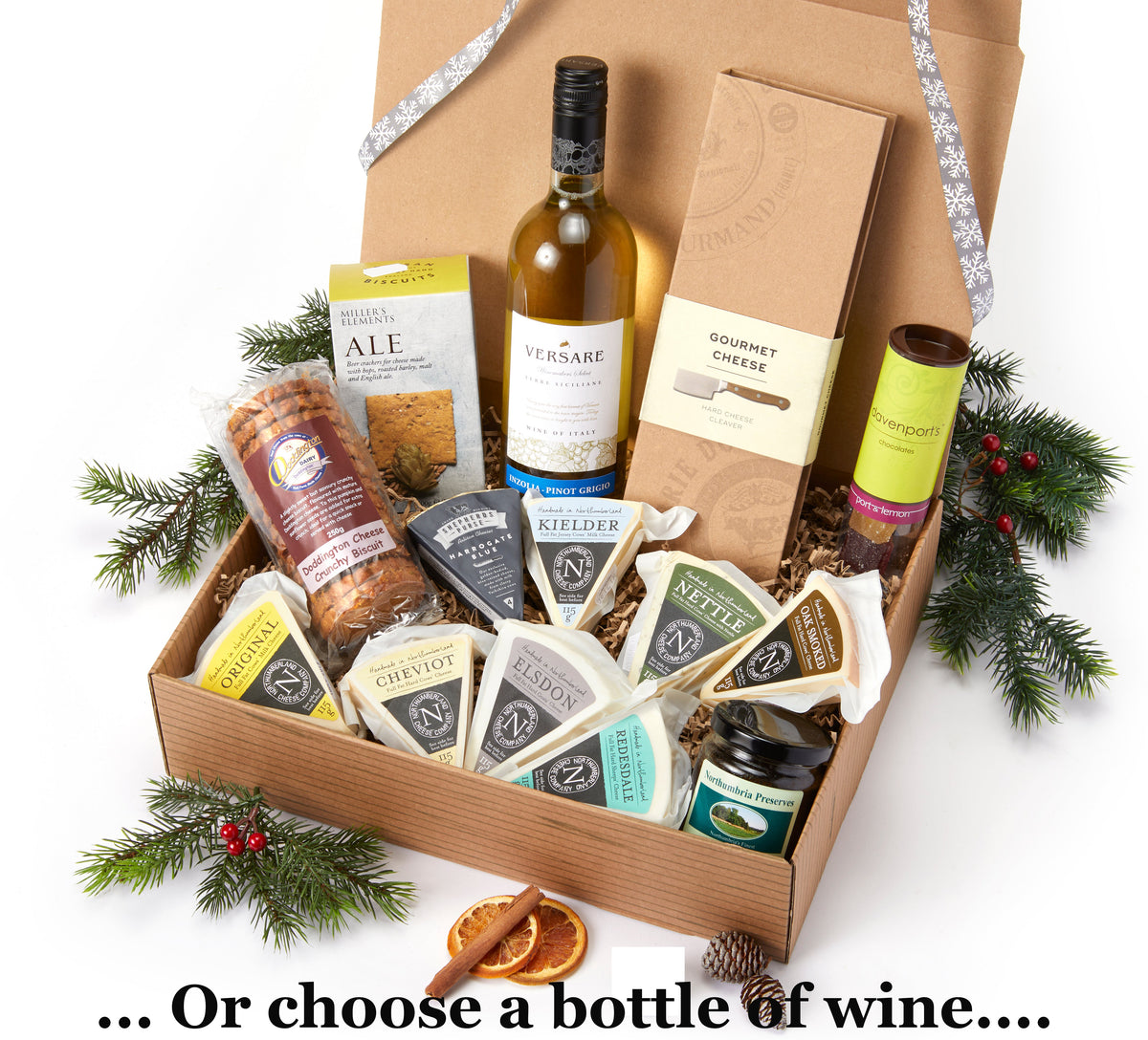 Christmas hamper with white wine, crackers and Northumberland Cheese Company wedges, captioned 'Or choose a bottle of wine'
