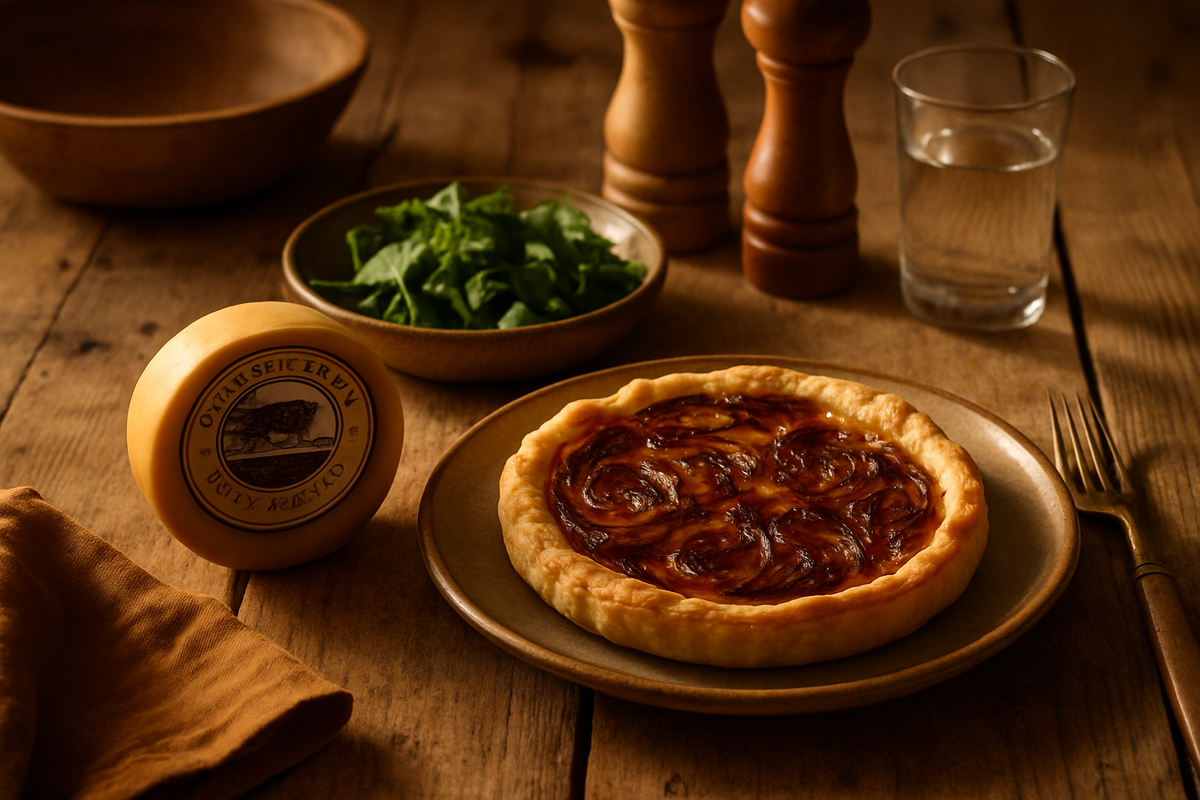 Caramelised onion tart on a plate beside a small round cheese, a bowl of salad leaves and a glass of water on a rustic table