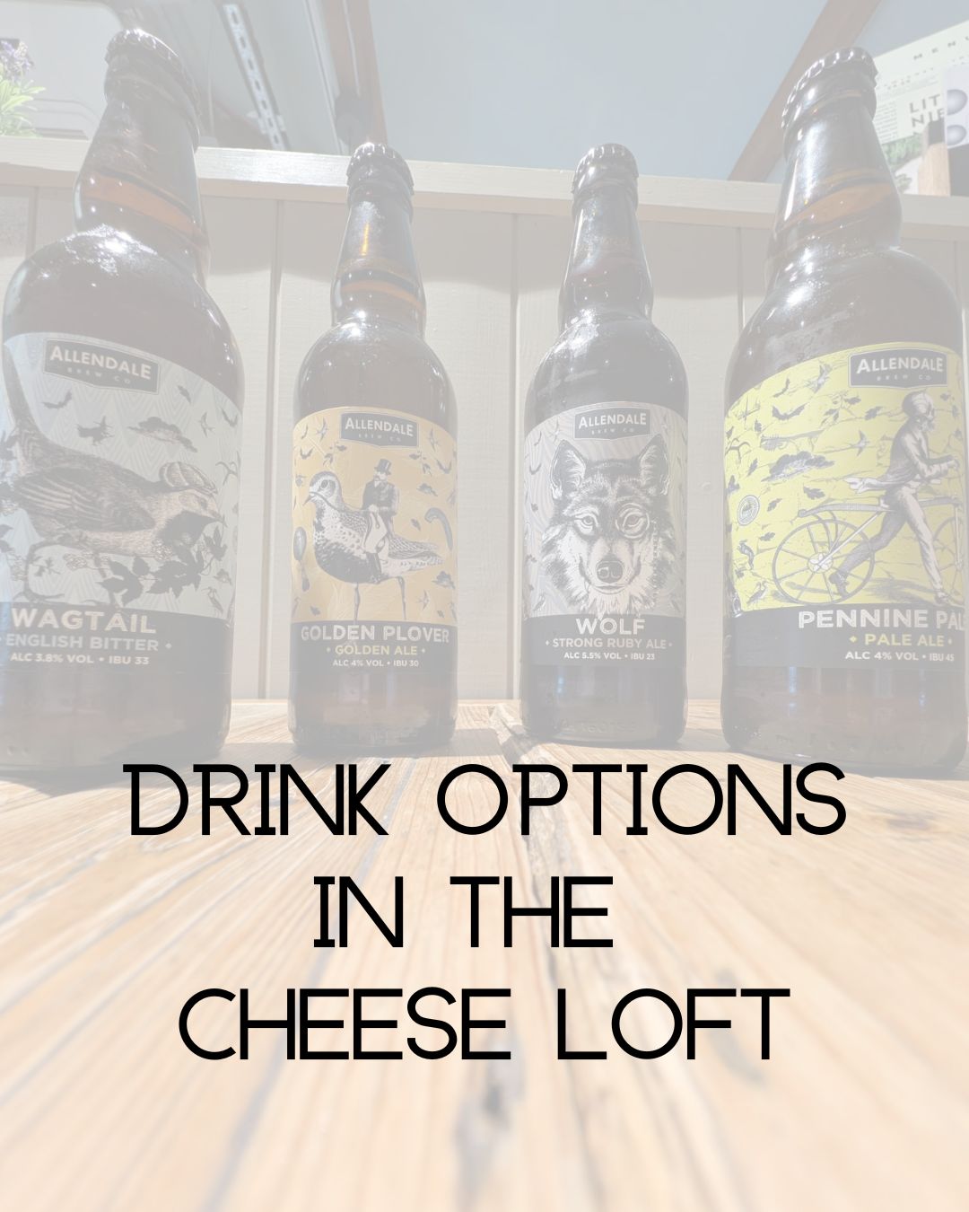 Allendale Brewery bottles of Wagtail, Golden Plover, Wolf and Pennine Pale under the words Drink options in the Cheese Loft