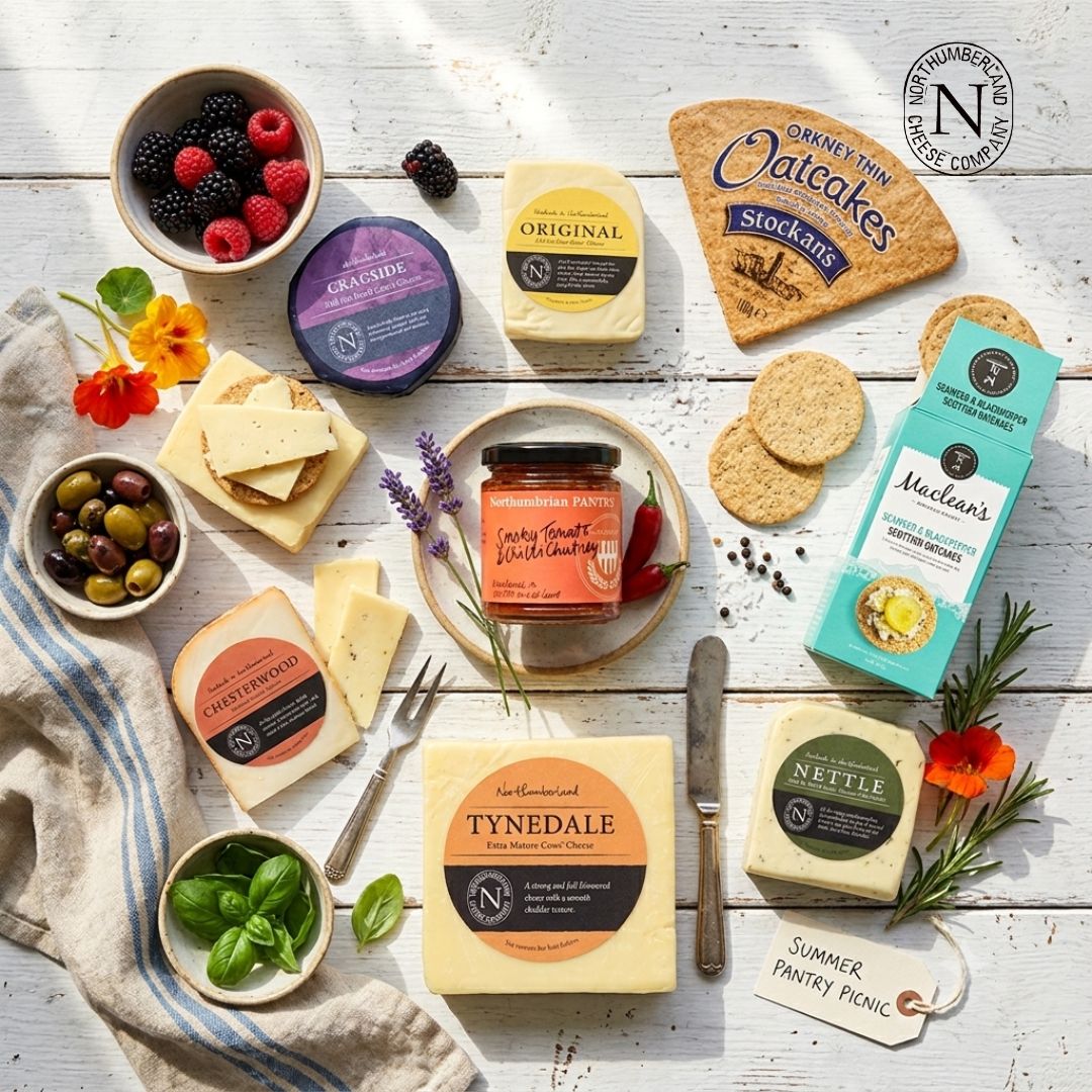 Summer flat lay of Tynedale, Nettle, Chesterwood, Original and Cragside cheeses with oatcakes, chutney, olives and berries