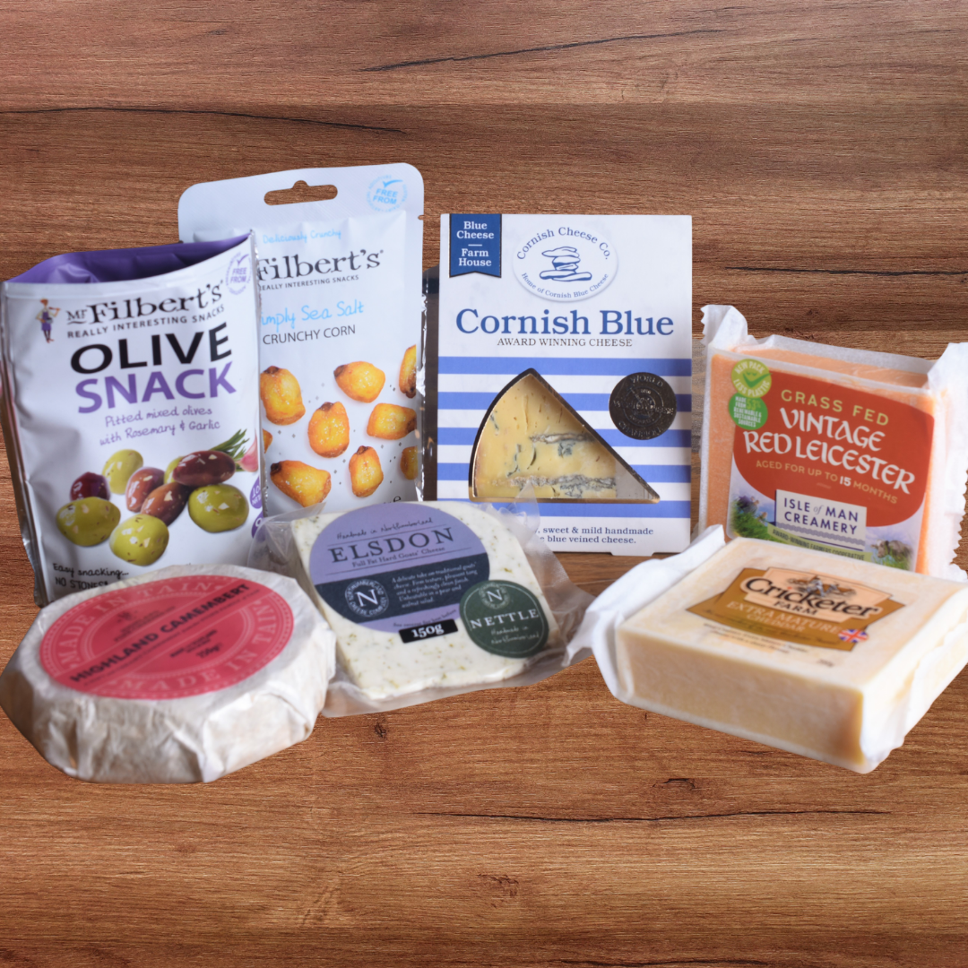 May Cheese Box Club cheeses: Highland Camembert, Elsdon with Nettle, Cornish Blue, Red Leicester, Cheddar and Mr Filbert's snacks
