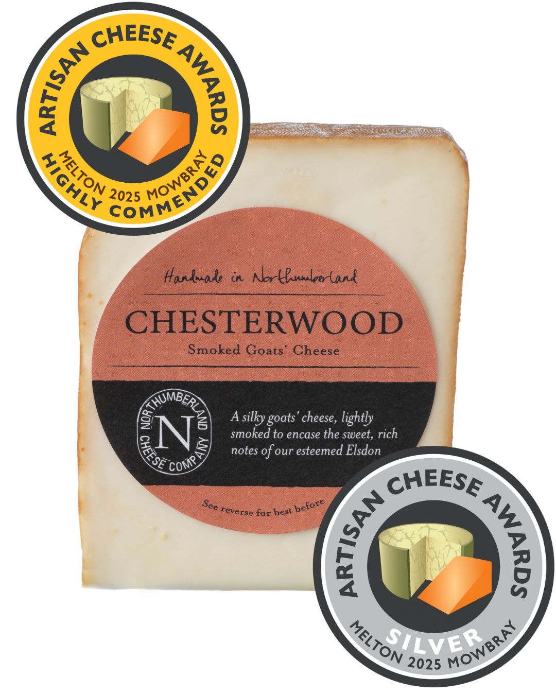 Chesterwood Smoked Goats' Cheese wedge with its Artisan Cheese Awards Melton Mowbray 2025 Silver and Highly Commended roundels