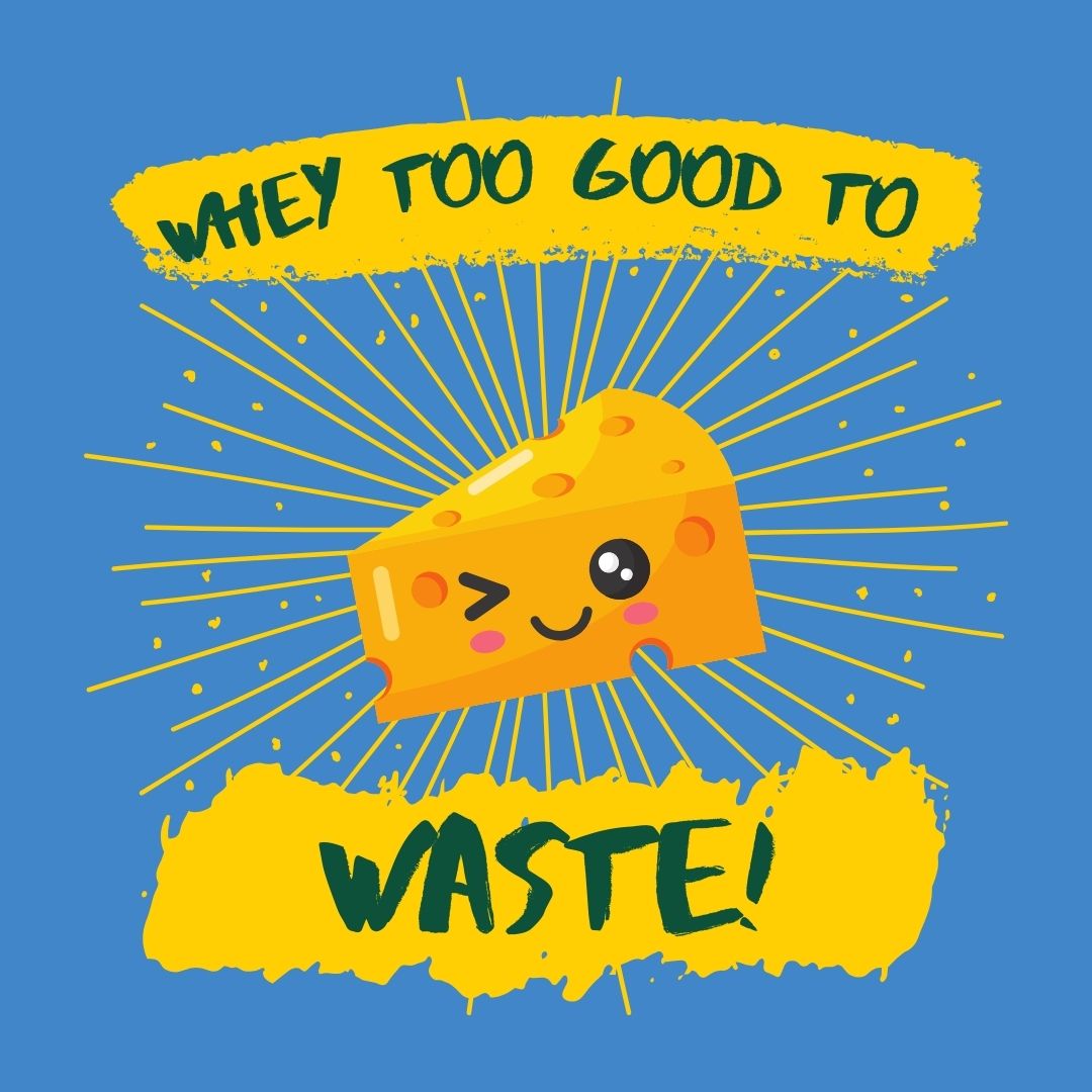 Whey too good to waste! lettering in yellow brush strokes around a winking cartoon cheese wedge on a blue background