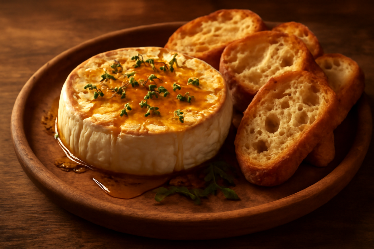 Whole baked brie topped with thyme and a drizzle of honey on a wooden plate with slices of toasted bread