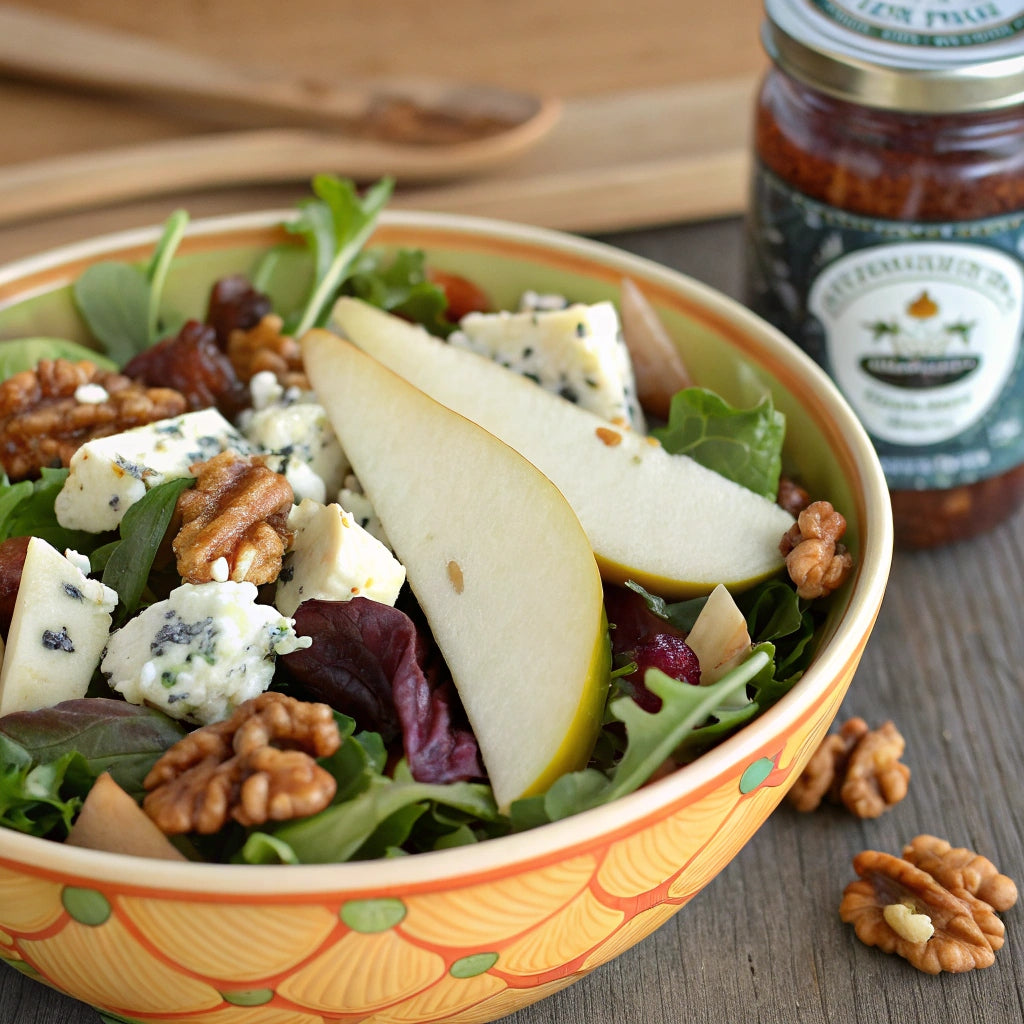 Bowl of mixed salad leaves with cubes of blue cheese, walnuts and pear slices, beside a jar of preserve and loose walnuts