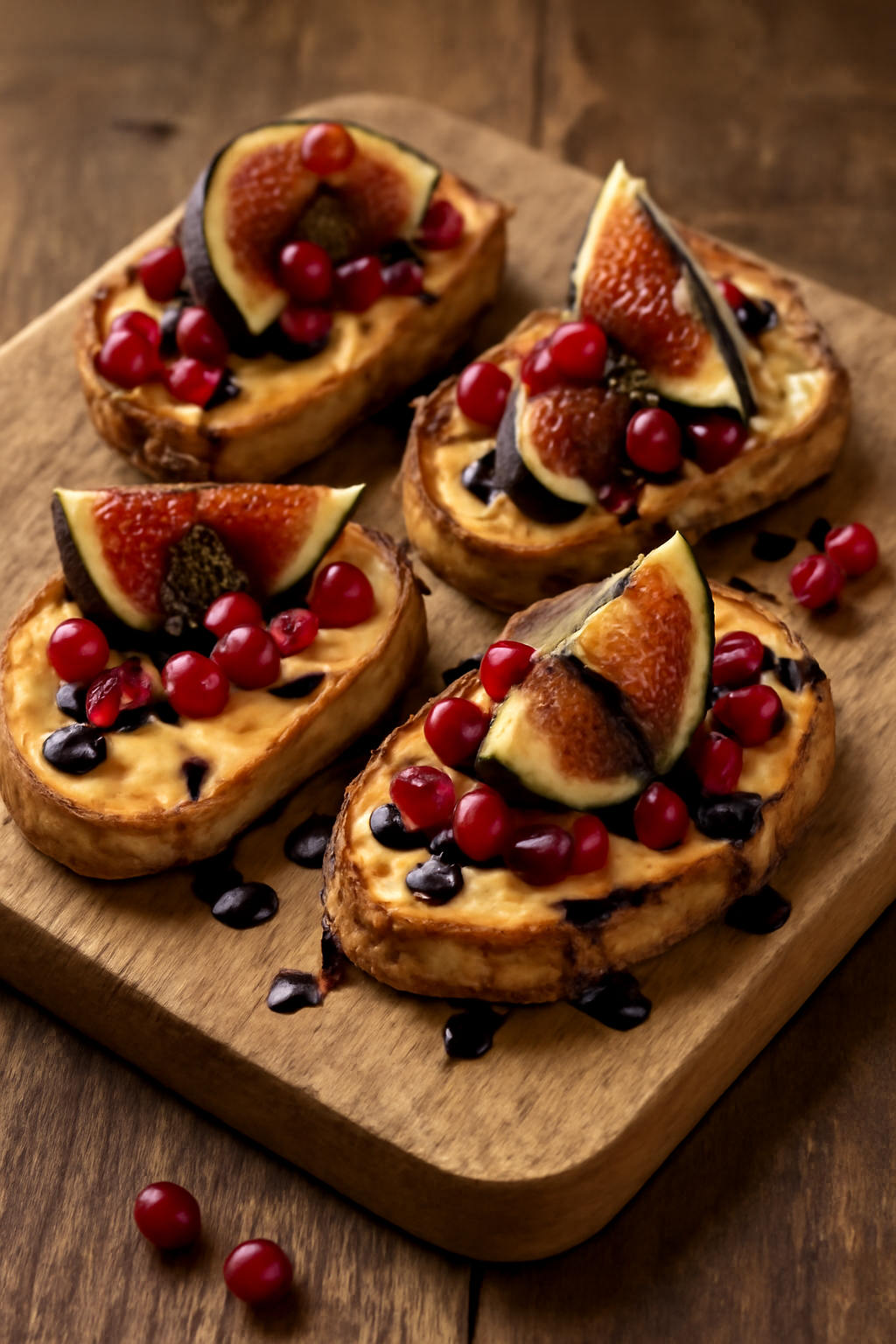 Crostini topped with melted cheese, fig wedges and red berries on a wooden board
