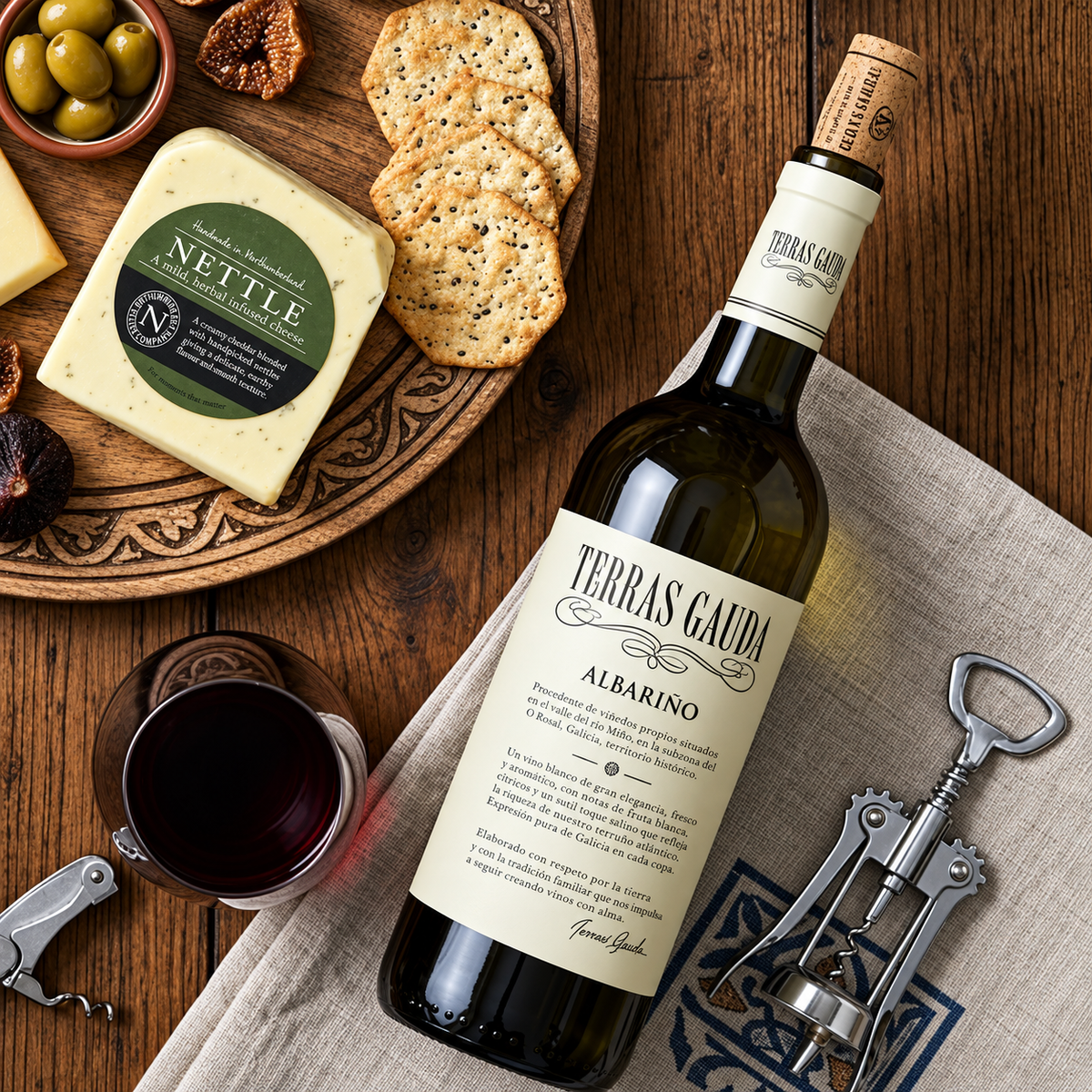 Bottle of white wine and a glass of red beside a Nettle cheese wedge, seeded crackers, olives, dried figs and a corkscrew