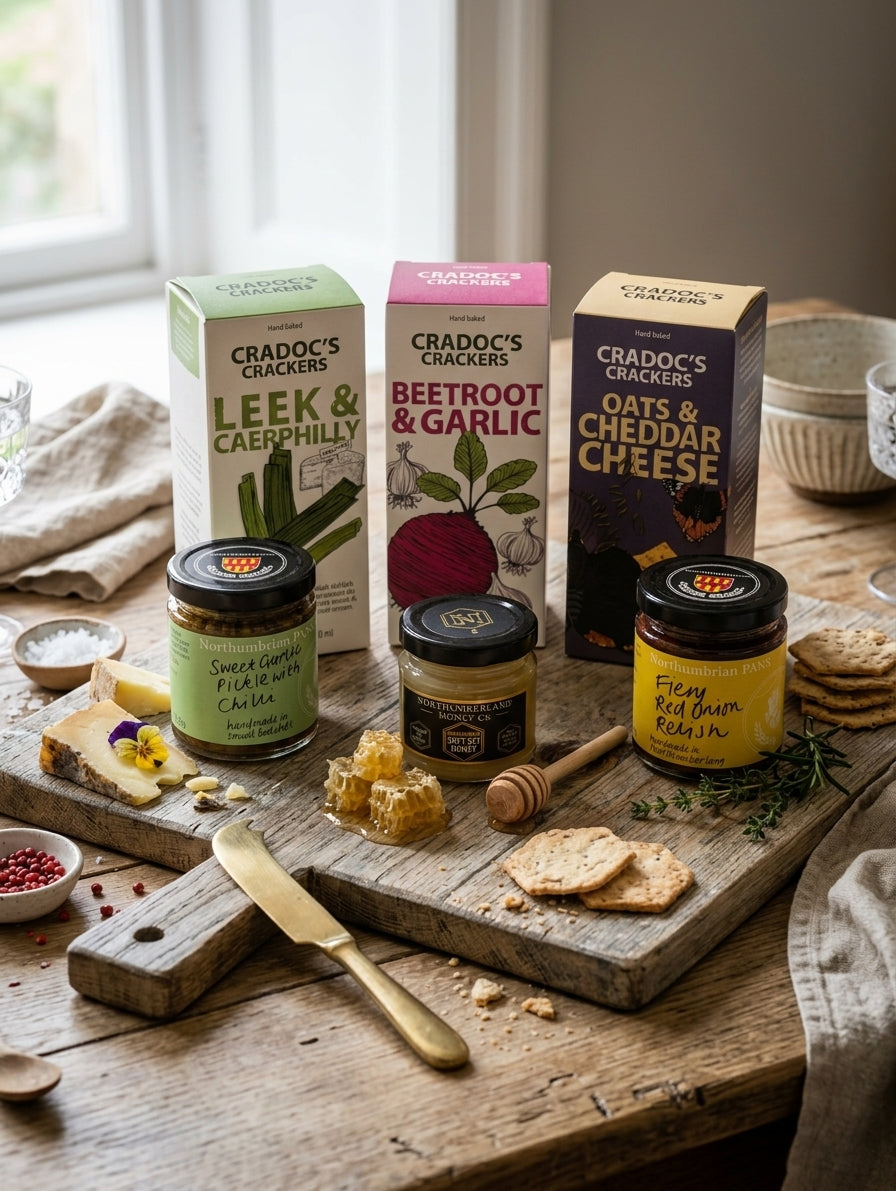 Boxes of Cradoc's crackers with jars of garlic pickle, red onion relish and soft set honey, honeycomb and crackers on a rustic wooden board