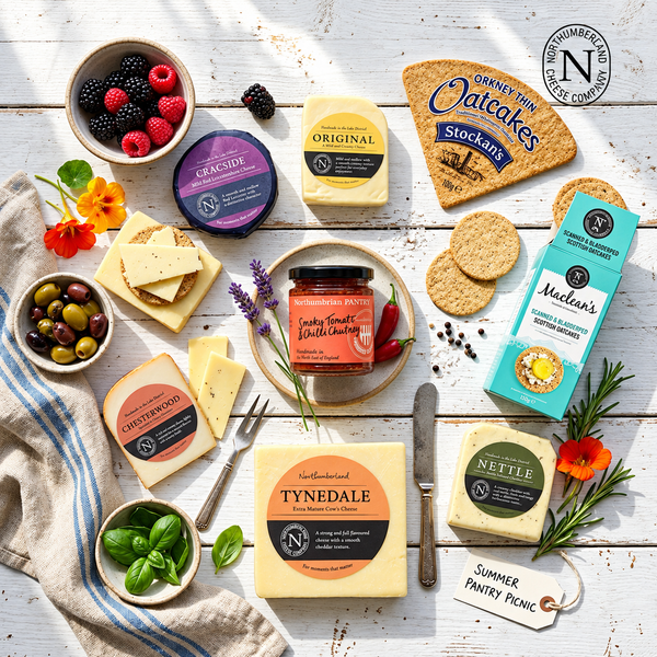 Flat lay of Tynedale, Nettle, Chesterwood, Original and Cragside cheeses with oatcakes, chutney, olives and summer berries