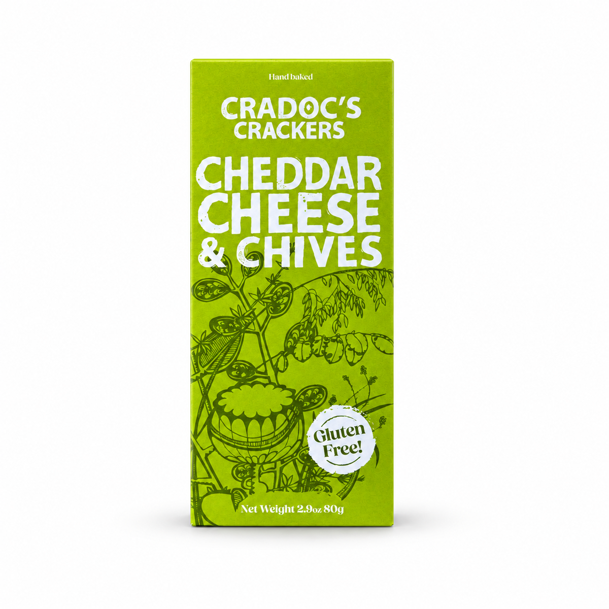 Green 80g box of Cradoc's Crackers Cheddar Cheese and Chives, hand baked and marked gluten free