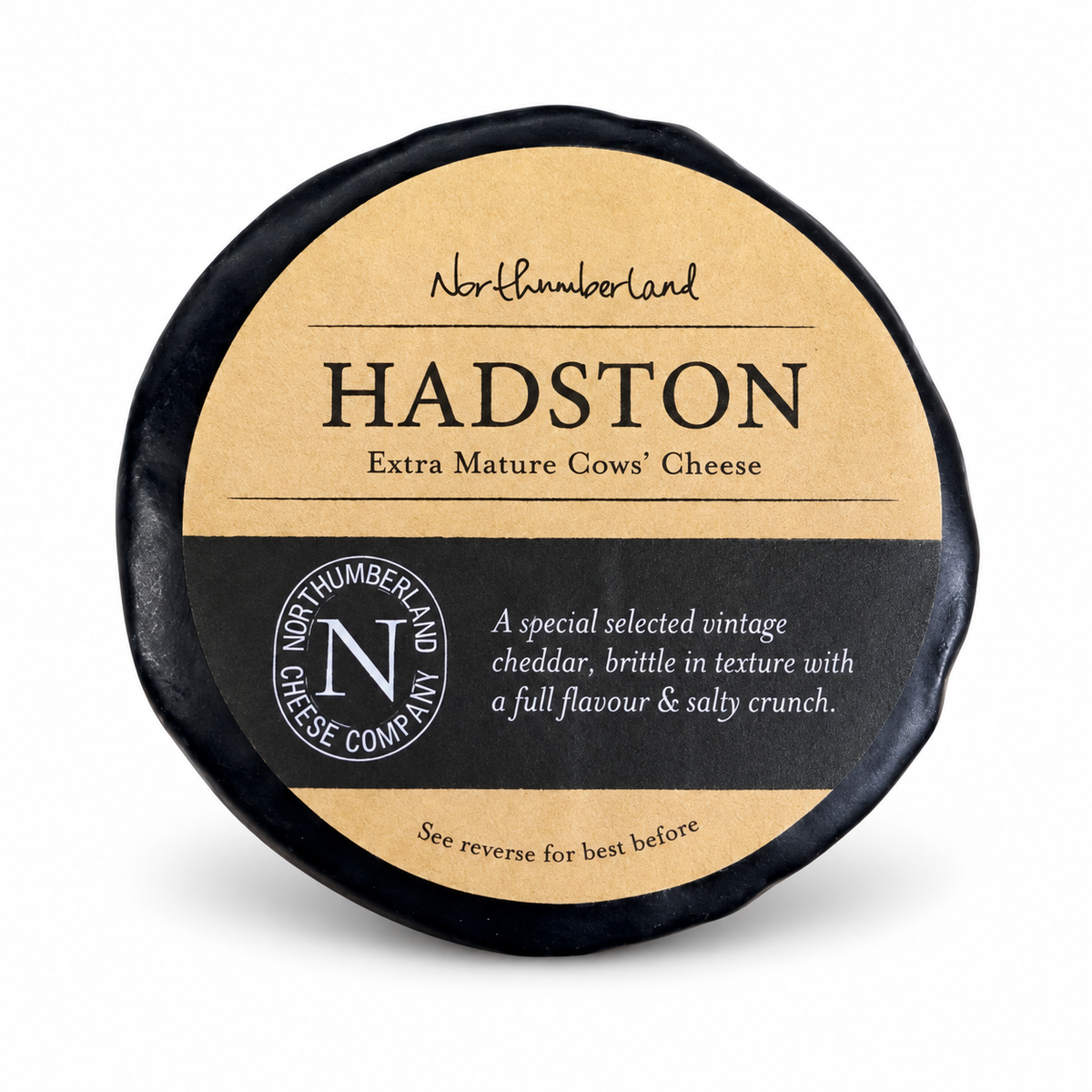 Hadston Truckle 170g in black wax with its Northumberland Cheese Company label: Extra Mature Cows' Cheese, a vintage cheddar