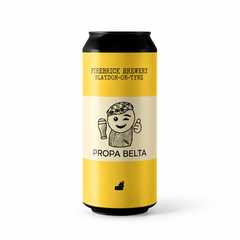 Can of Firebrick Brewery Propa Belta IPA, yellow and cream, with a winking flat-cap character raising a pint