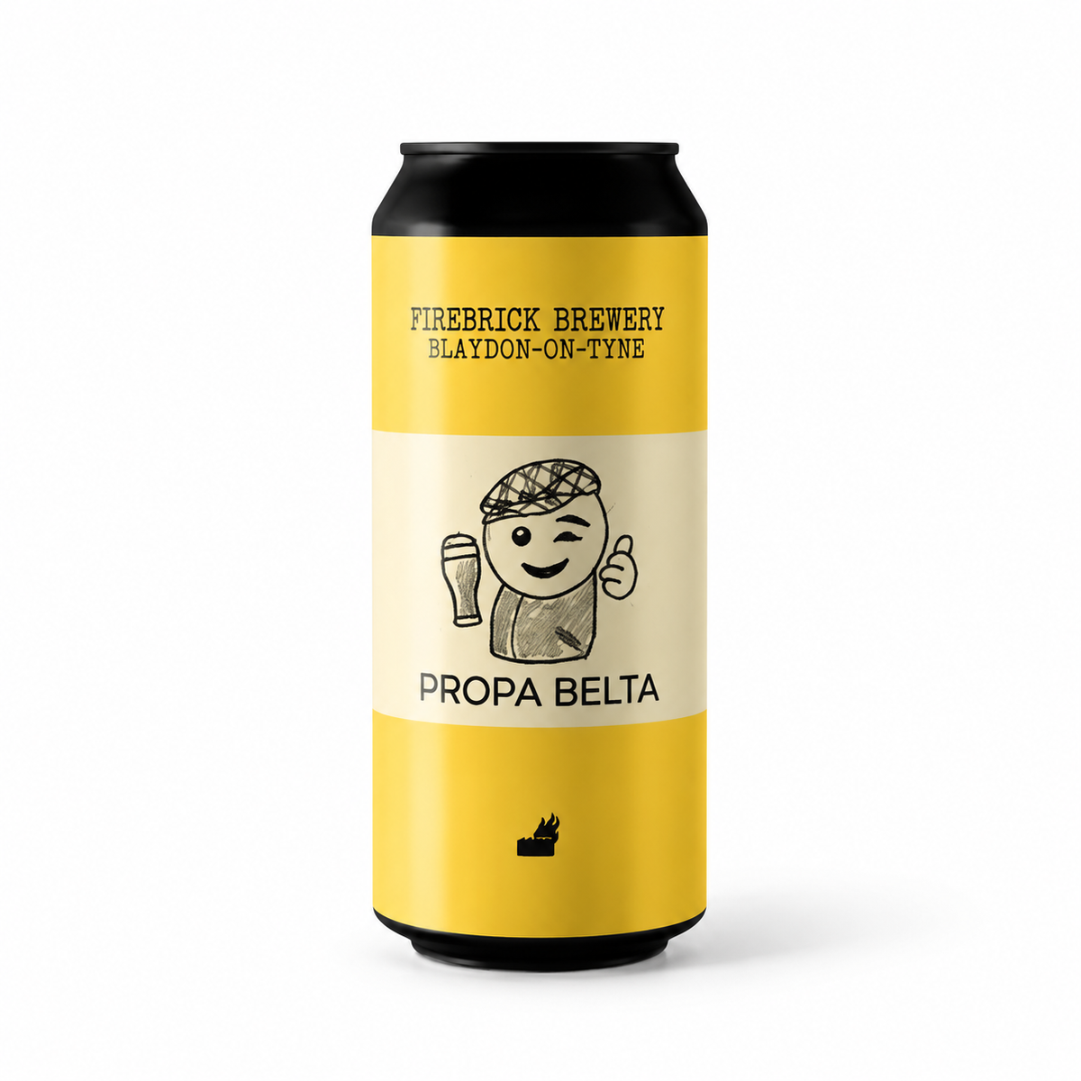 Can of Firebrick Brewery Propa Belta IPA, yellow and cream, with a winking flat-cap character raising a pint