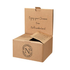 A Whey in a Manger: open brown box with the Northumberland Cheese Company logo, 'Enjoy your Cheeses' on its lid
