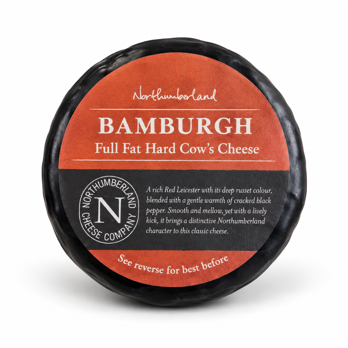 Bamburgh Truckle 170g in black wax, Red Leicester with cracked black pepper, in its Northumberland Cheese Company label