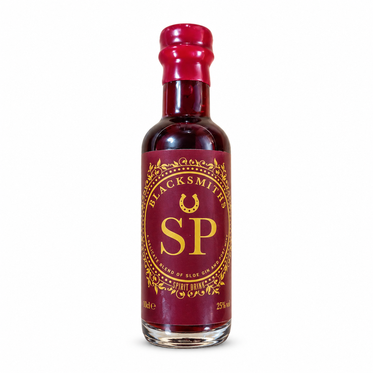 Small bottle of Blacksmiths SP, a blend of sloe gin and port wine, with a deep red and gold label and red wax seal