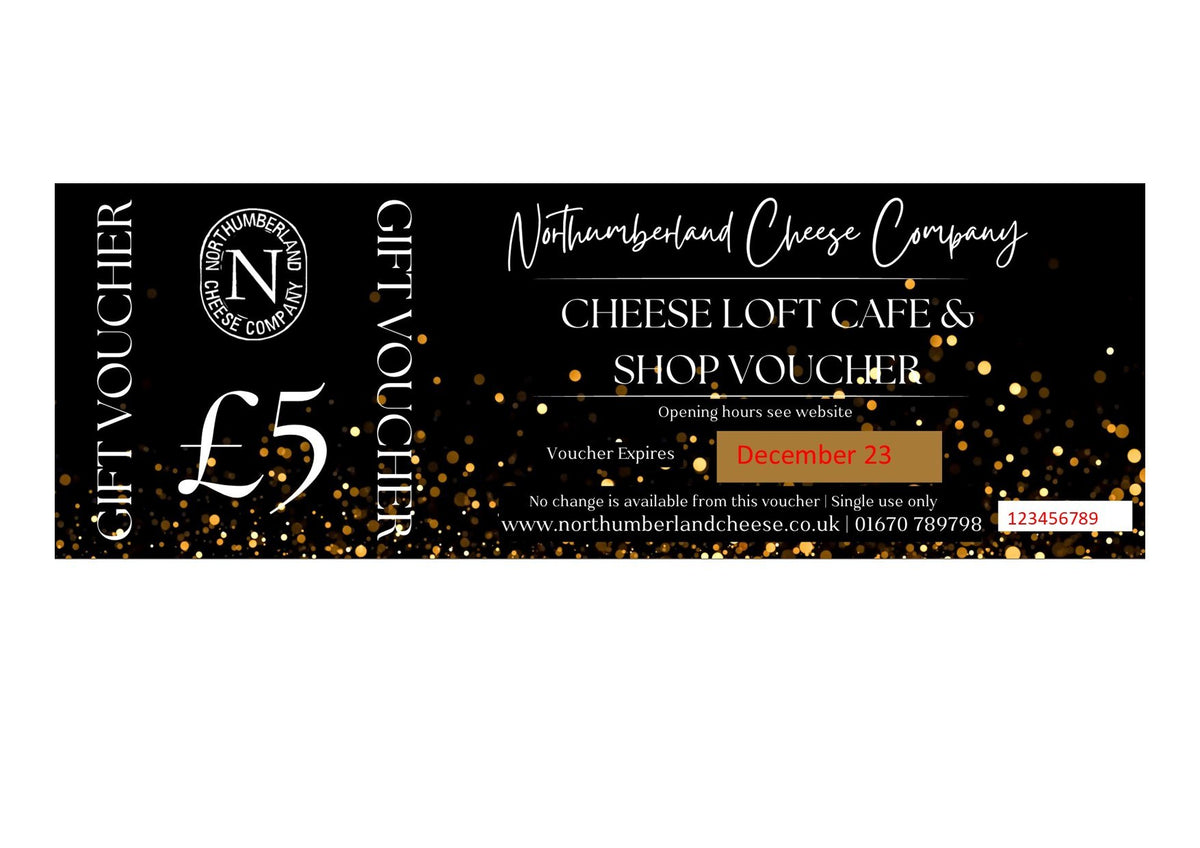 Cheese Loft Café and Shop £5 gift voucher, black with gold sparkle and the Northumberland Cheese Company logo