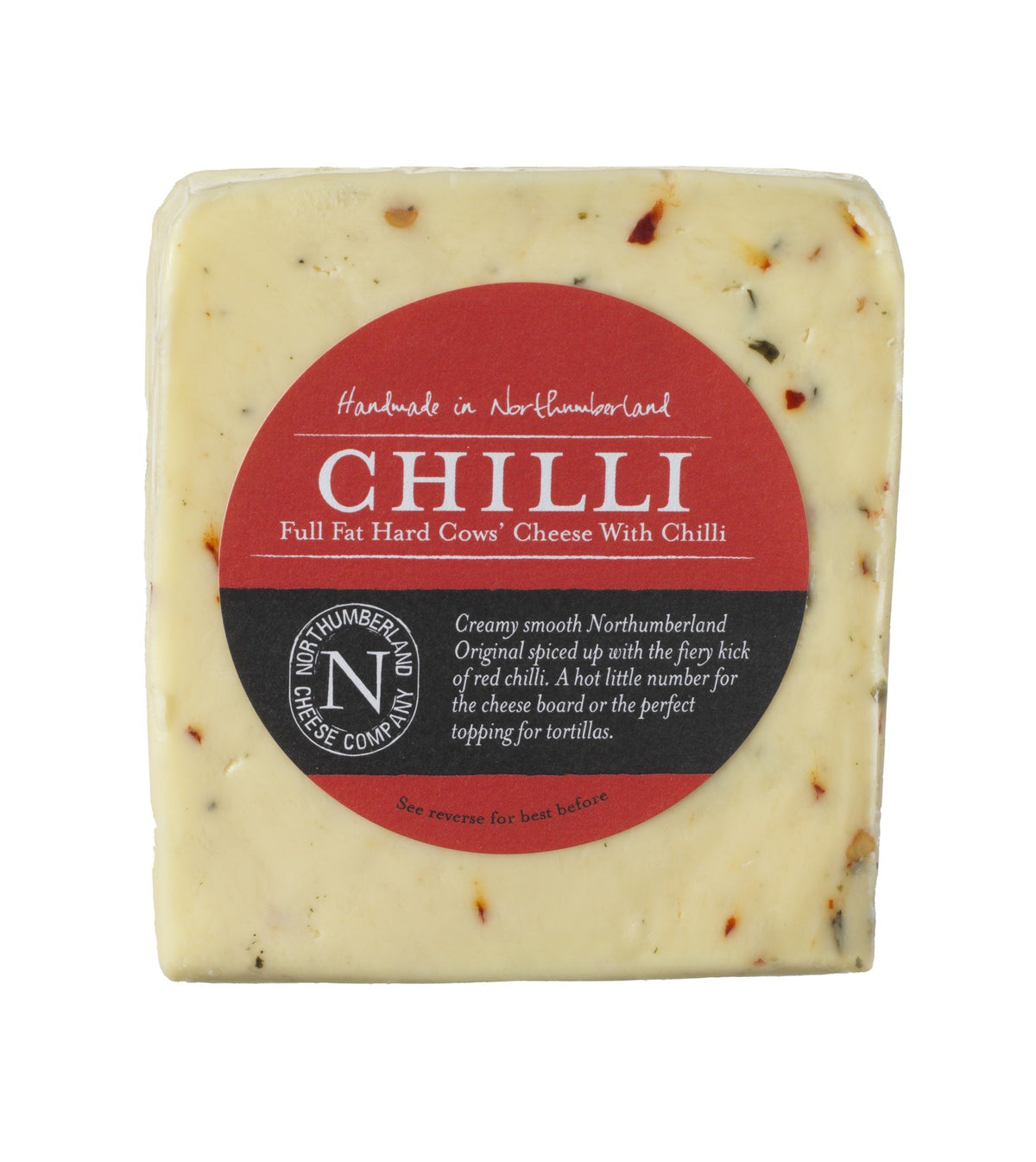 Chilli Cheese 150g wedge flecked with red chilli in its red Northumberland Cheese Company label