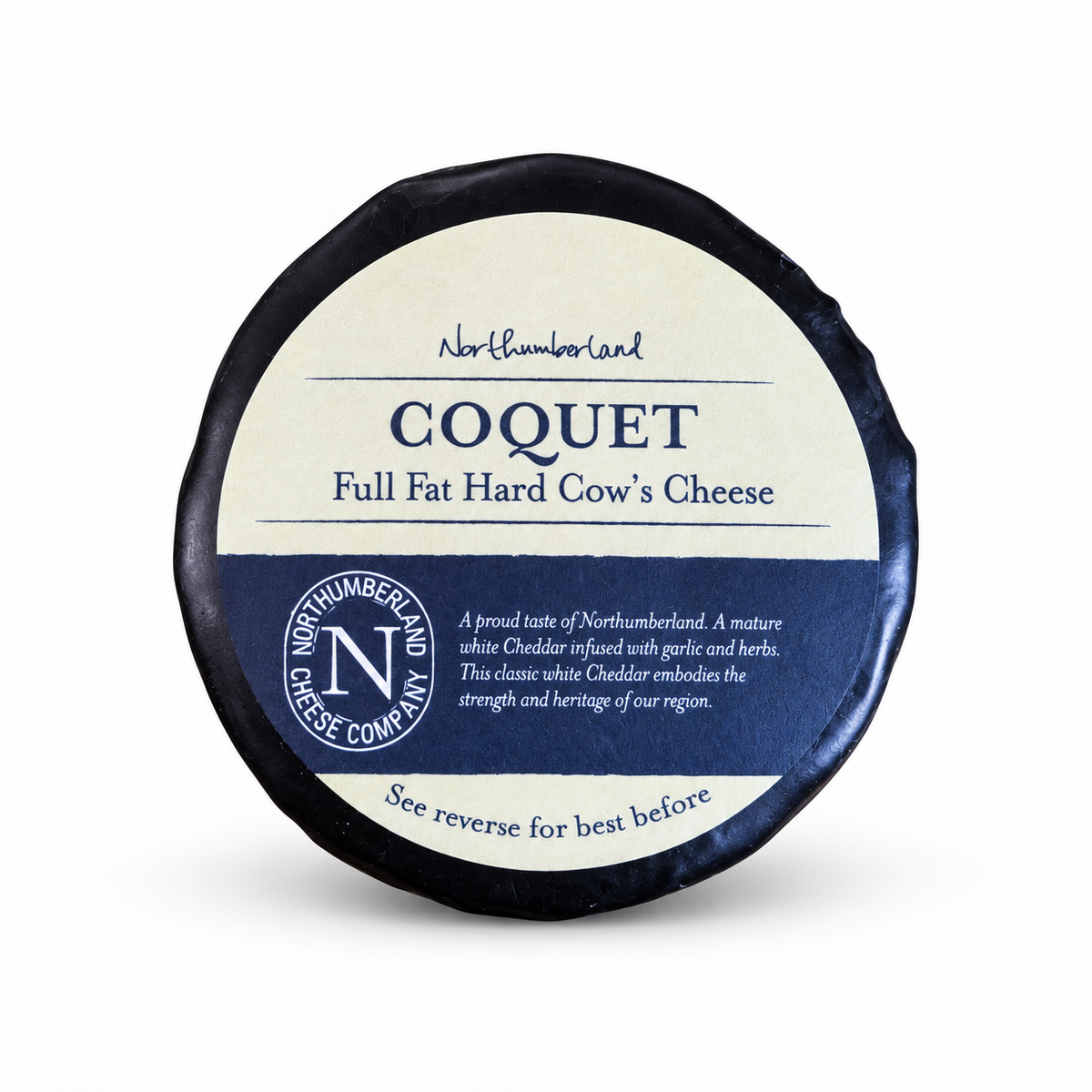 Black-waxed Coquet truckle with its cream label for a mature white Cheddar infused with garlic and herbs