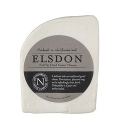 Elsdon Goats Cheese wedge with a pure white paste in its grey Northumberland Cheese Company label