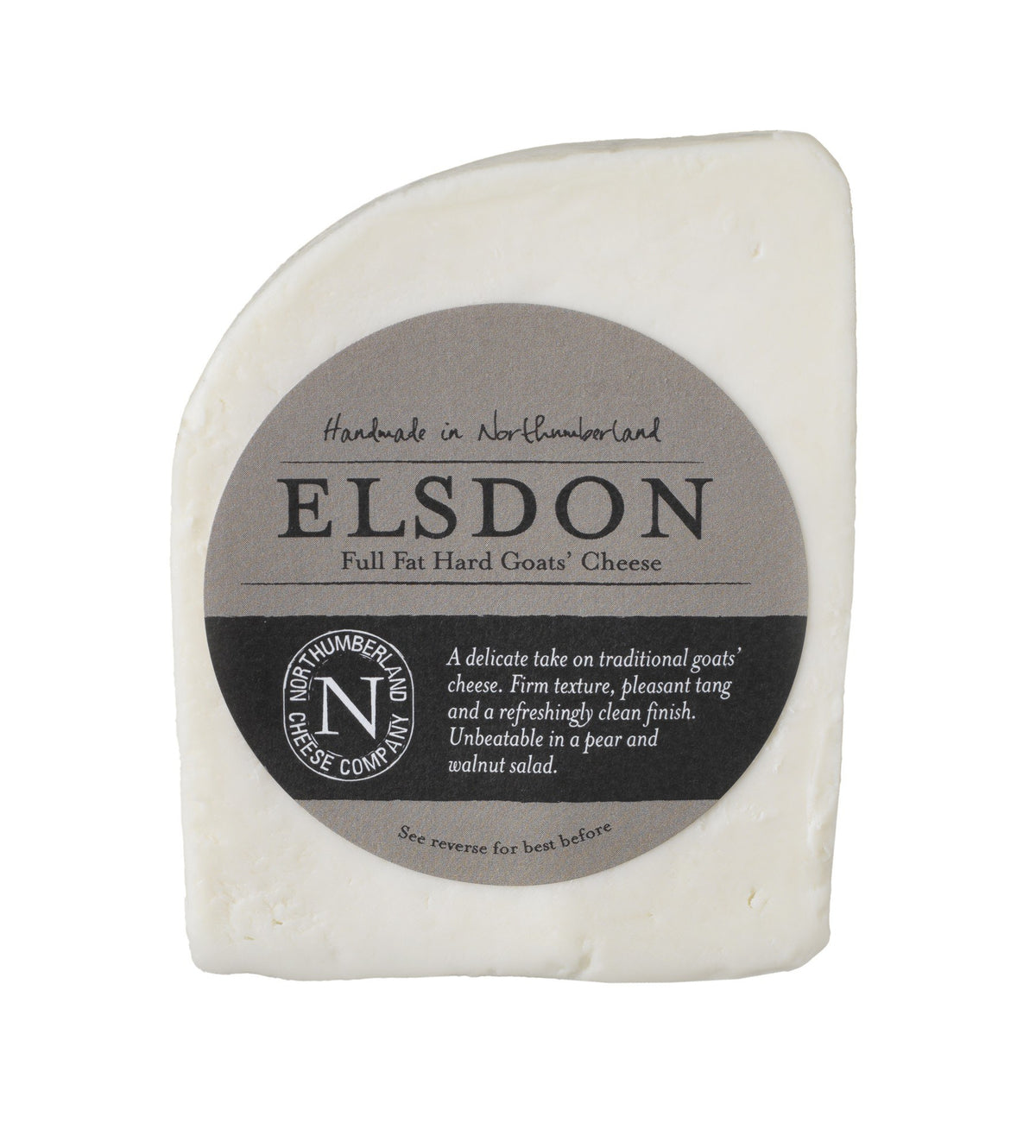 Elsdon Goats Cheese wedge with a pure white paste in its grey Northumberland Cheese Company label