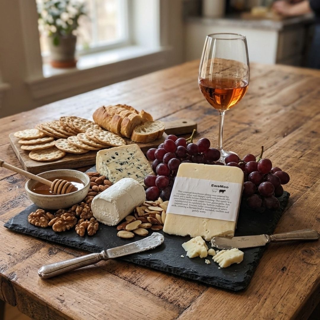EweMoo on a slate board with other cheeses, crackers, bread, grapes, walnuts, honey and a glass of wine on a farmhouse table