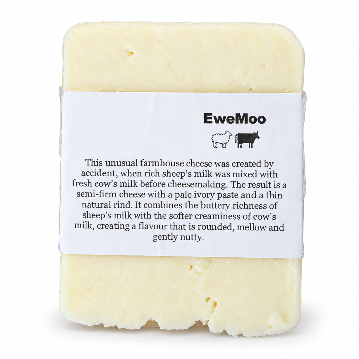 EweMoo Cheese 150g block in its paper label, printed with sheep and cow symbols and a description of the cheese