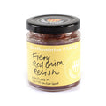 Northumbrian Pantry Fiery Red Onion Relish 198g in a glass jar with a black lid and a yellow handwritten label