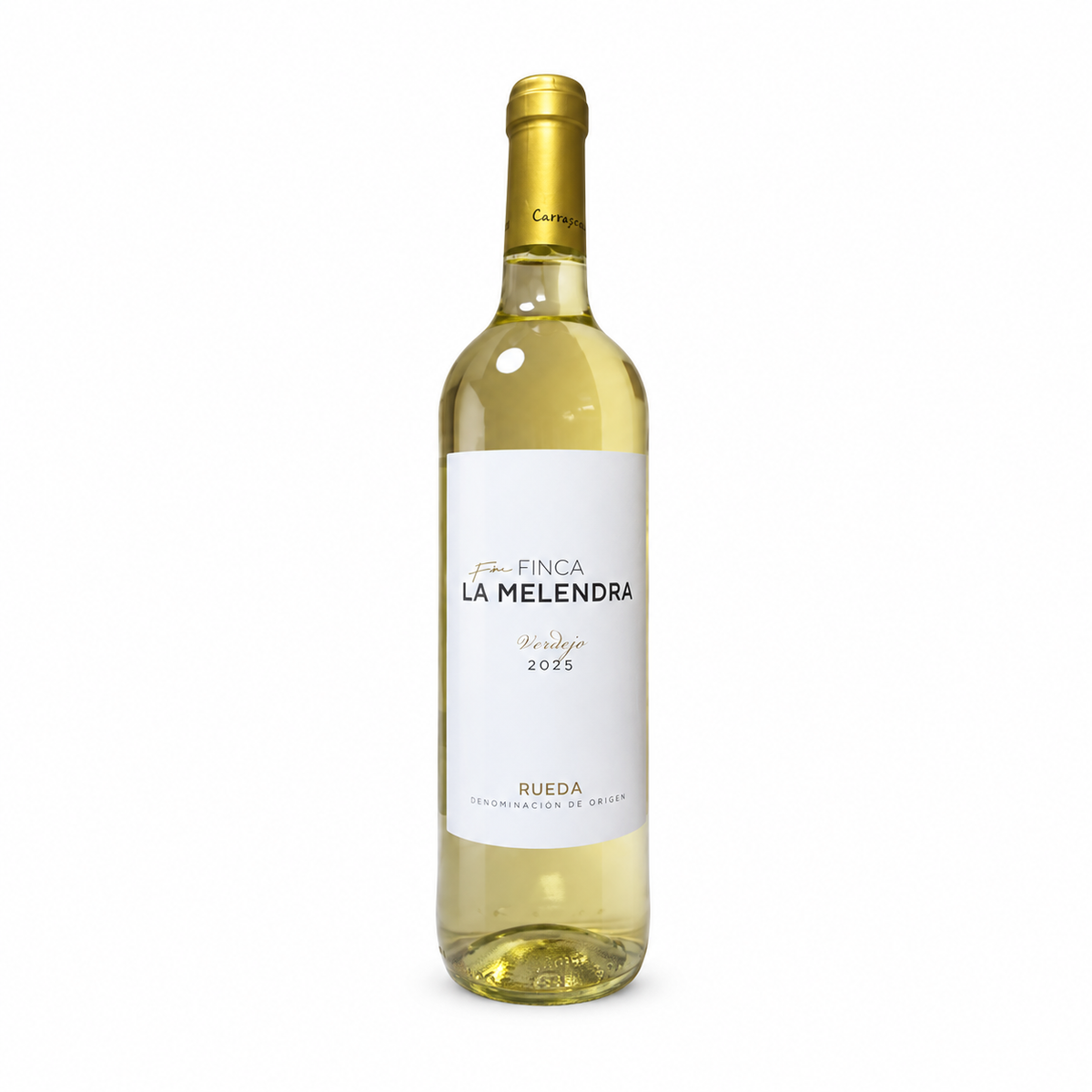 Bottle of Finca La Melendra Verdejo 2025 white wine with a white label and a gold capsule