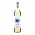 Bottle of Fioroso Vino Bianco, a Verduzzo Chardonnay white wine, with a blue butterfly label and a silver screw cap