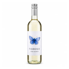 Bottle of Fioroso Vino Bianco, a Verduzzo Chardonnay white wine, with a blue butterfly label and a silver screw cap