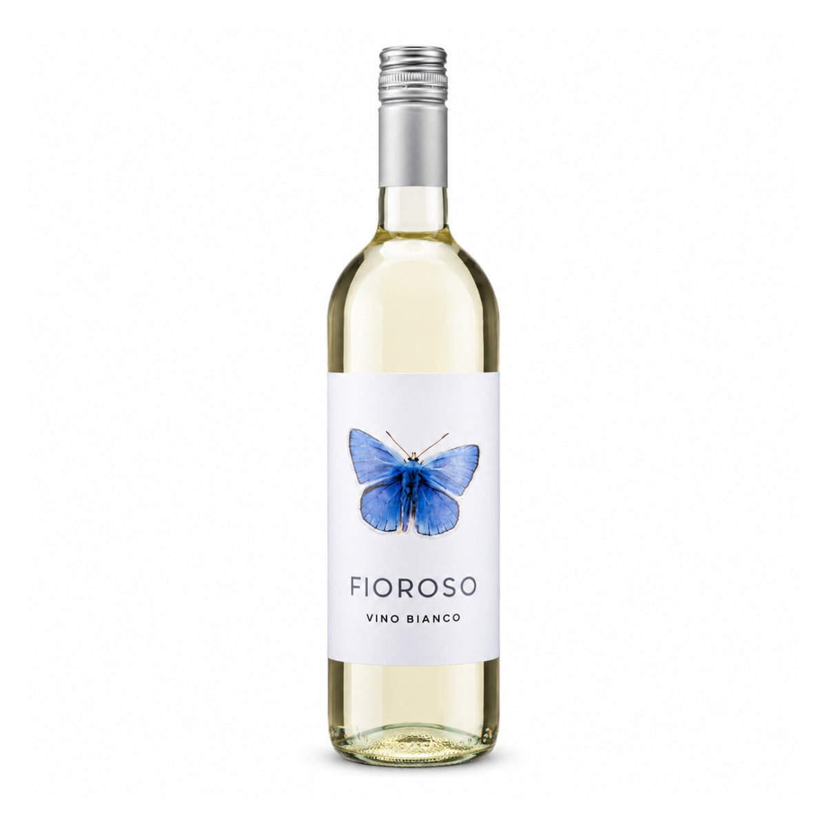 Bottle of Fioroso Vino Bianco, a Verduzzo Chardonnay white wine, with a blue butterfly label and a silver screw cap