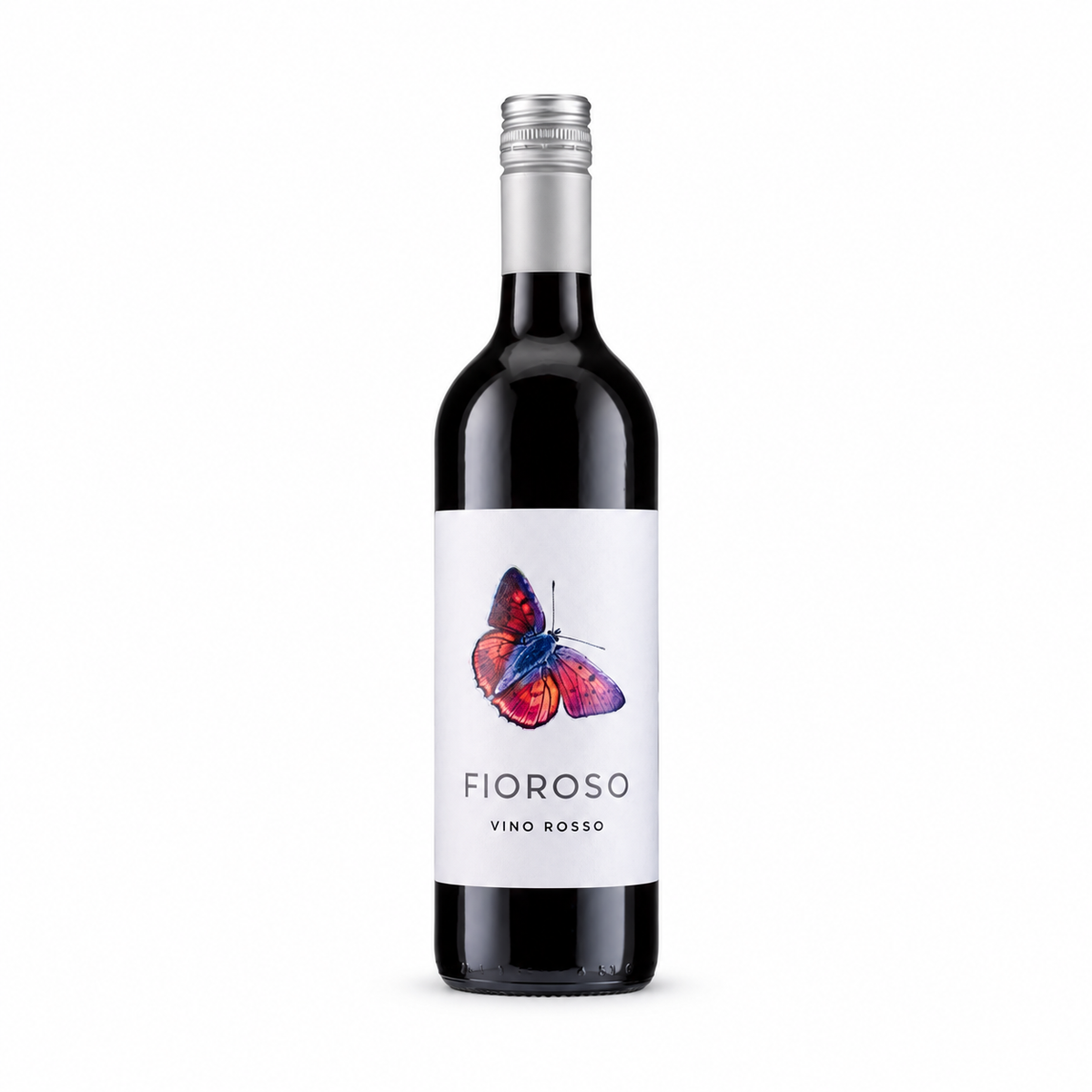 Bottle of Fioroso Vino Rosso, a Cabernet Merlot red wine, with a red and purple butterfly label and a silver screw cap