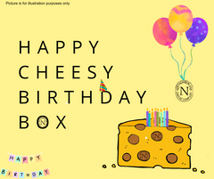 Happy Cheesy Birthday Box illustration with balloons, bunting and a wedge of cheese topped with birthday candles