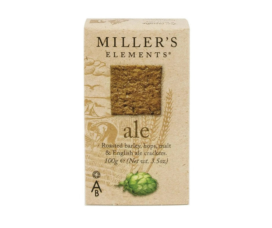 Miller's Elements Ale Crackers 100g box with a window showing a square cracker and a green hop illustration