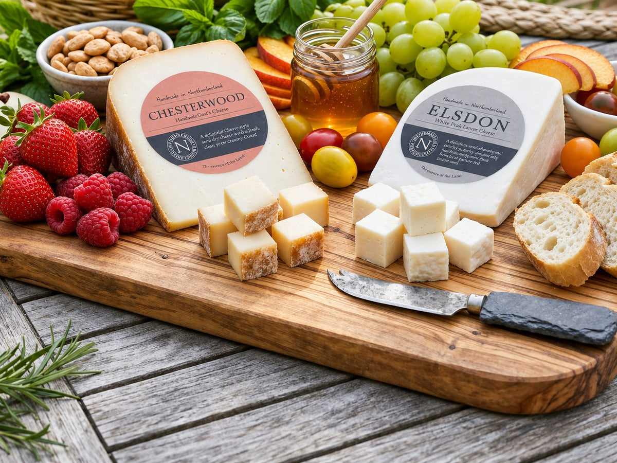 Chesterwood and Elsdon goats' cheeses on a wooden board with cheese cubes, berries, grapes, honey, almonds and bread
