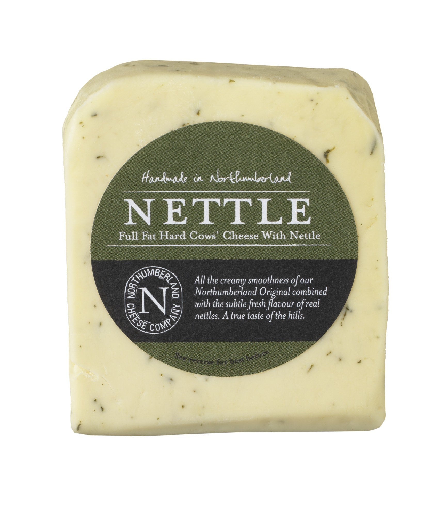 Nettle Cheese wedge flecked with green nettles in its dark green Northumberland Cheese Company label