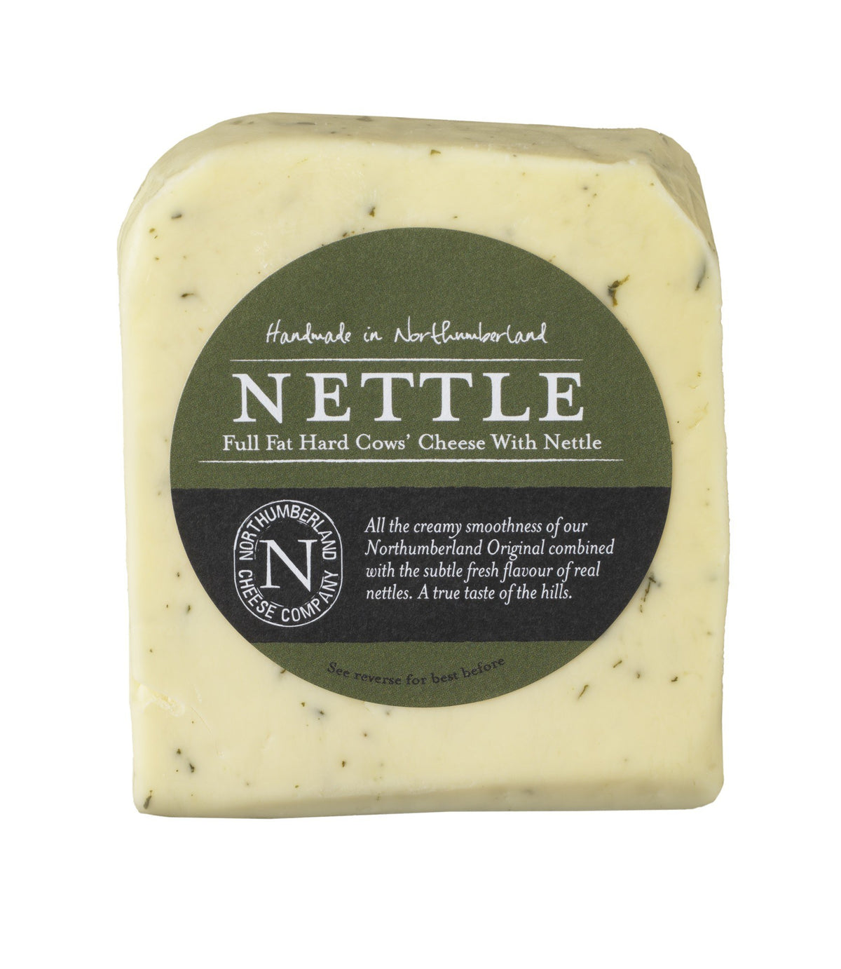 Nettle Cheese wedge flecked with green nettles in its dark green Northumberland Cheese Company label