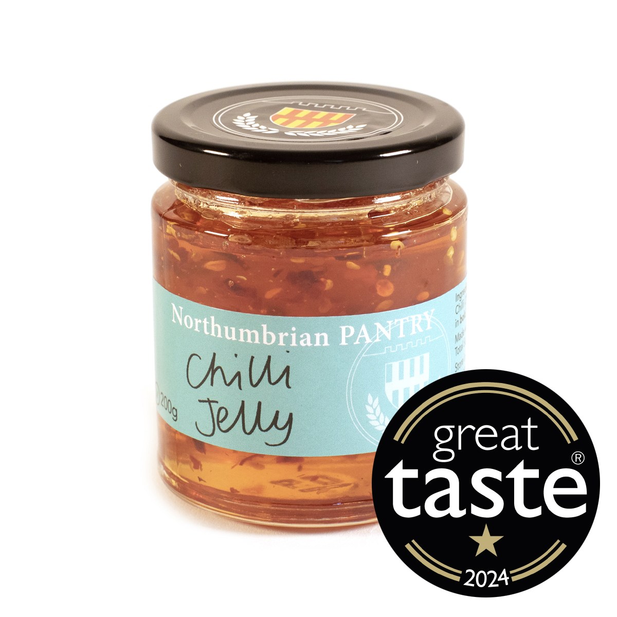 200g jar of Northumbrian Pantry Chilli Jelly, flecked with chilli, shown with a Great Taste 2024 one-star award badge
