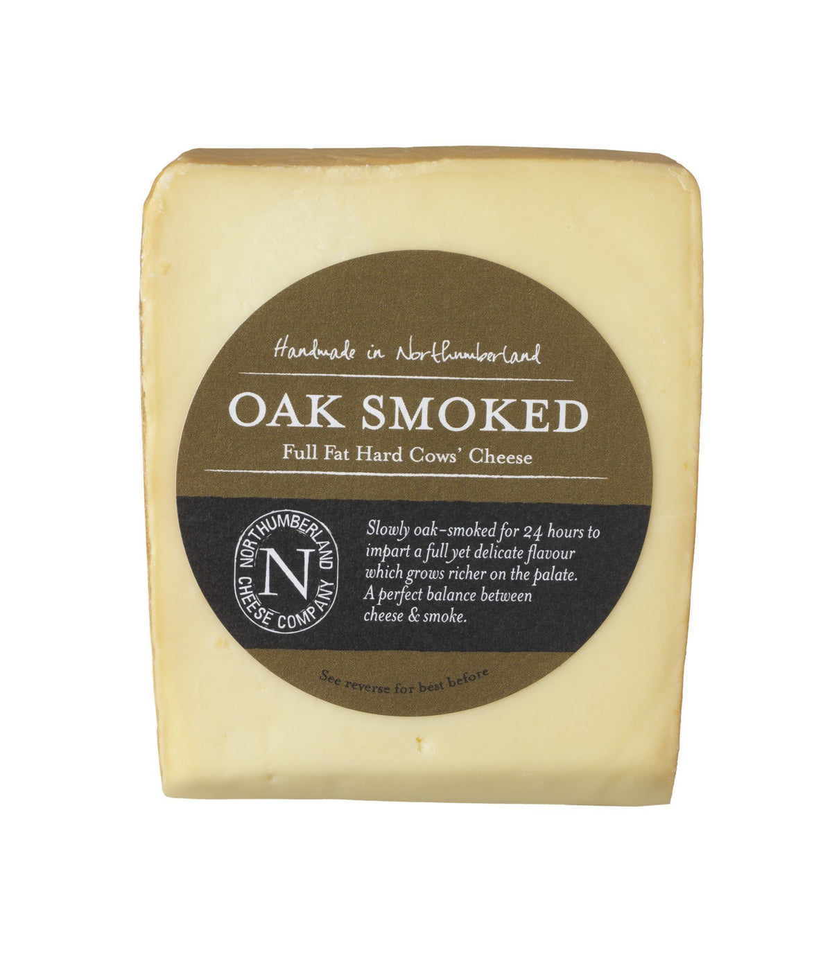 Oak Smoked Cheese wedge with a bronzed smoked rind in its olive brown Northumberland Cheese Company label