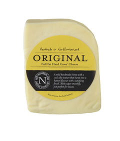 Pale Original Cheese wedge with its yellow Northumberland Cheese Company label reading Full Fat Hard Cows' Cheese