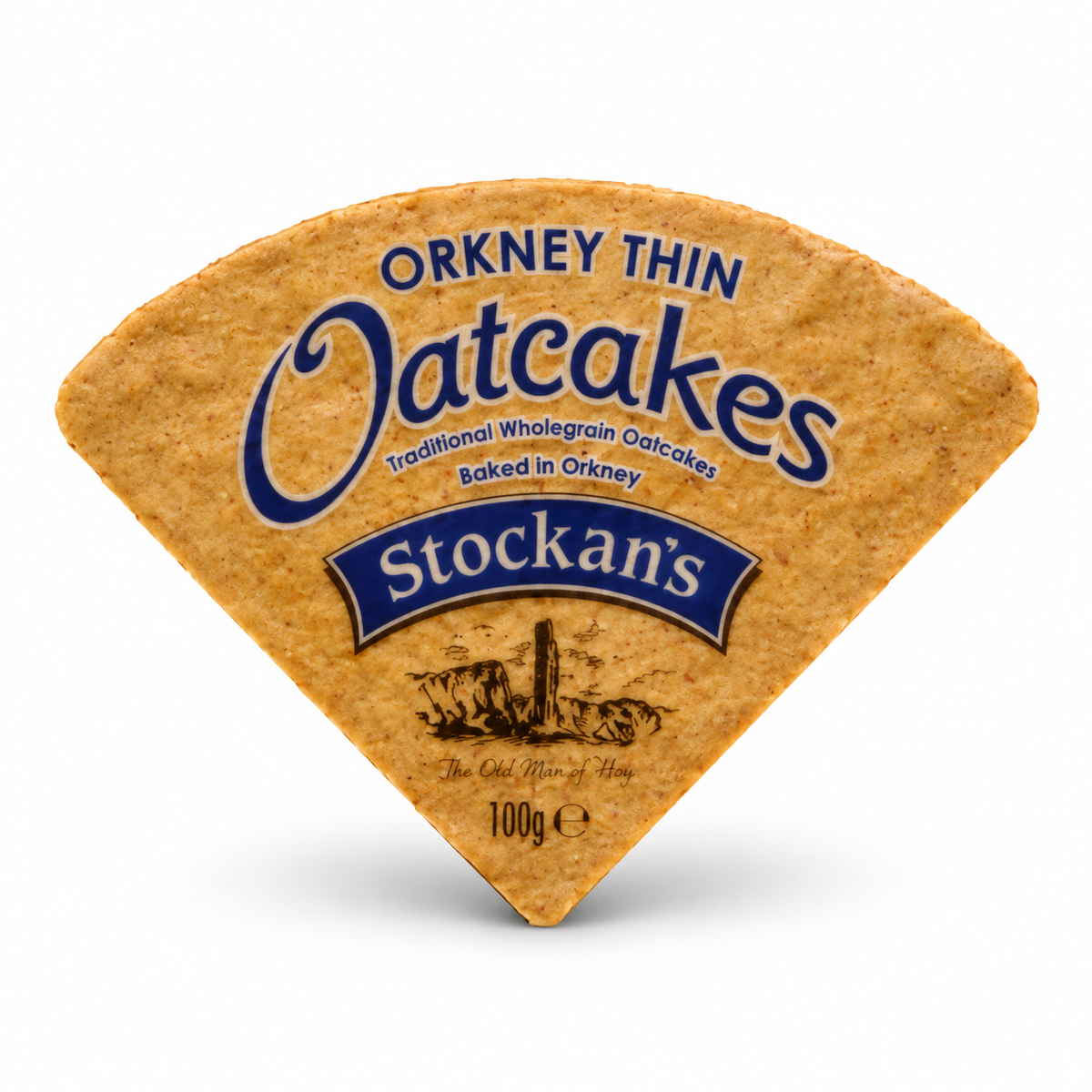 Stockan's Orkney Thin Oatcakes, a 100g wedge-shaped pack with a drawing of the Old Man of Hoy