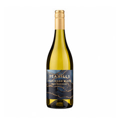 Bottle of Seahills Marlborough Sauvignon Blanc white wine with a navy and gold marbled label