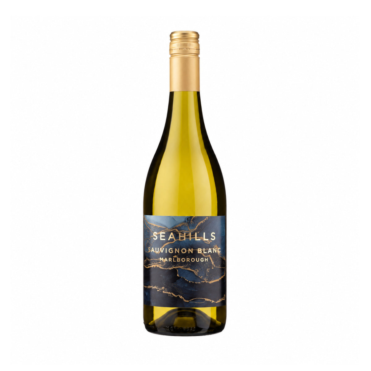 Bottle of Seahills Marlborough Sauvignon Blanc white wine with a navy and gold marbled label