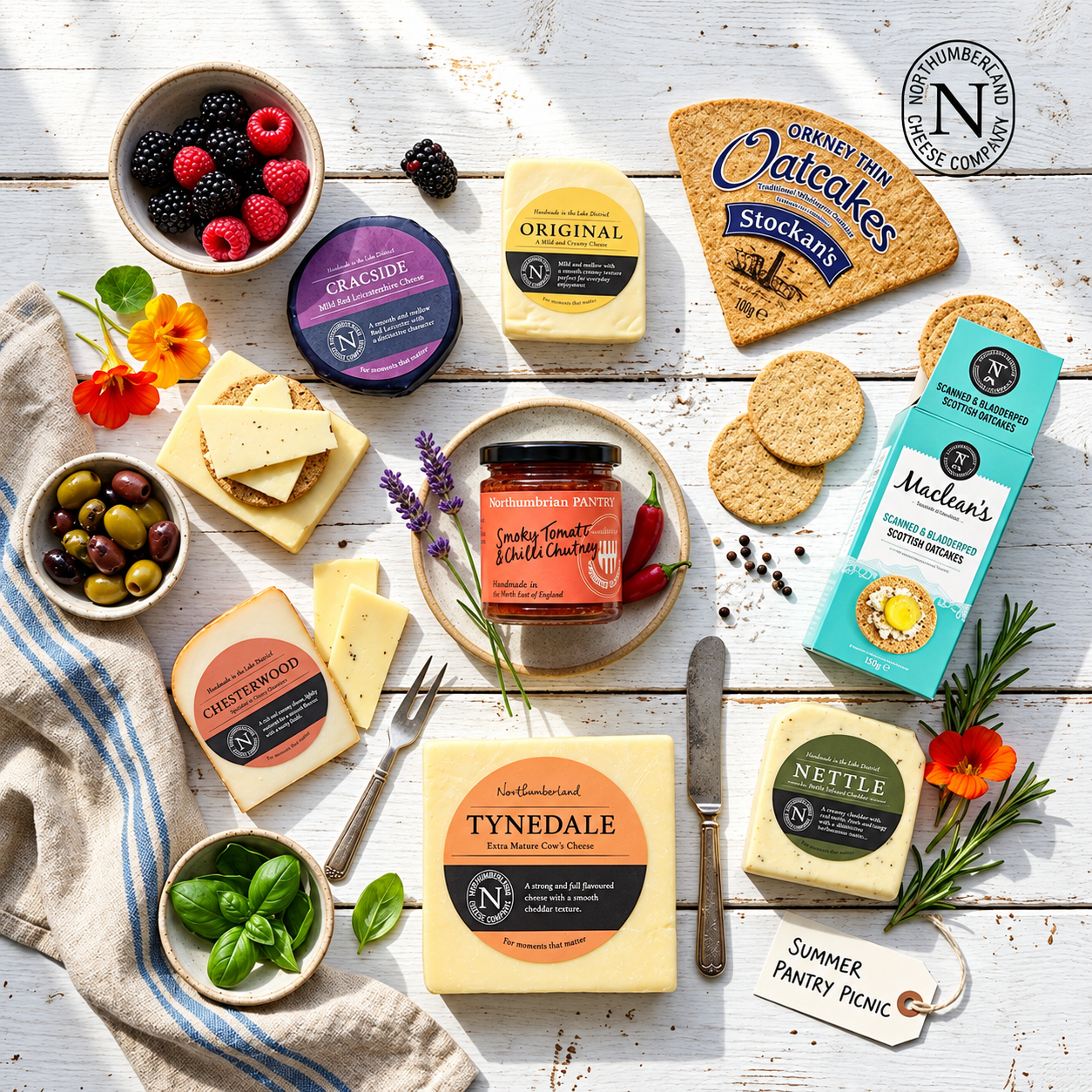 Picnic flat lay of Cragside, Original, Chesterwood, Tynedale and Nettle cheeses with oatcakes, chilli chutney, olives and berries