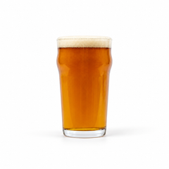 Pint glass of deep amber Tormit Heed ale with a creamy head