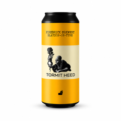 Can of Firebrick Brewery Tormit Heed ale with a black and white drawing of a man holding up a turnip